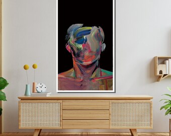 抽象表現主義の肖像画、カラフルな歪んだ顔のアート、現代のシュールな