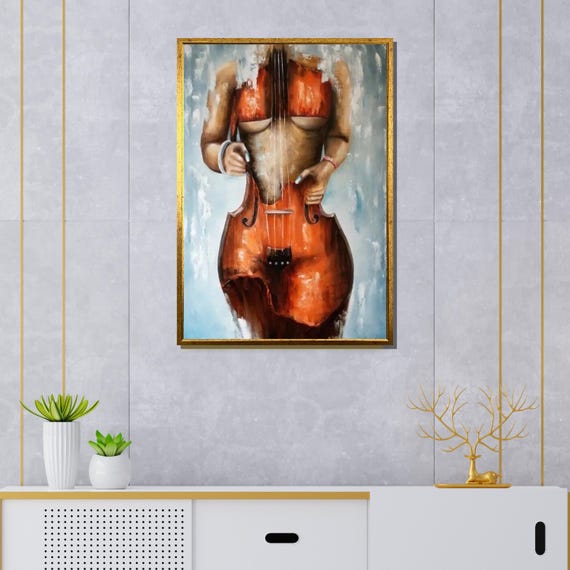 Musical Body Art, Abstract Cello Woman, Surreal Instrument Wall