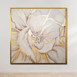 Abstract Floral Canvas, Gold and White Flower Art, Large Bloom Wall Art, Modern Botanical Decor, Ready to Hang Canvas