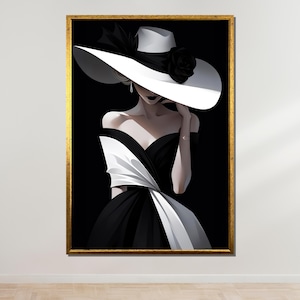 Elegant Woman in Black and White Hat, Fashion Wall Art, Classy Lady Canvas, Chic Portrait Print, Ready to Hang Decoration