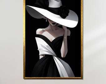 Donna elegante con cappello bianco e nero, arte murale alla moda, tela da donna di classe, stampa ritratto chic, decorazione pronta da appendere
