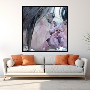 Romantic Lesbian Kiss Painting, Sensual Abstract Love Art, Intimate LGBTQ+ Couple Canvas, Expressive Modern Wall Decor image 3