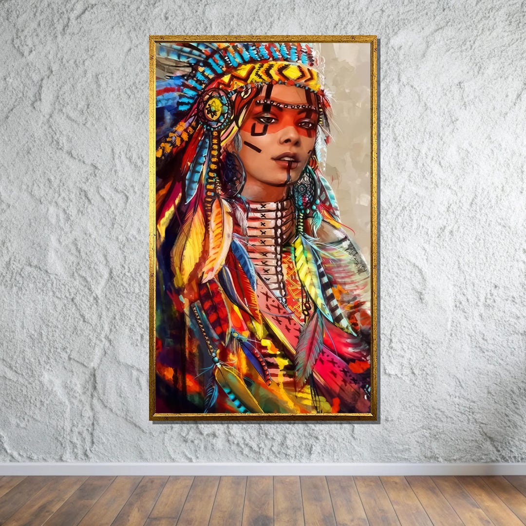Native American Woman Headdress Art, Colorful Tribal Wall Art ...