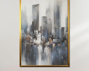 Abstract Cityscape Canvas, Modern Skyline Painting, Urban Wall Art, New York City Print, Foggy City Reflections, Contemporary Home Decor