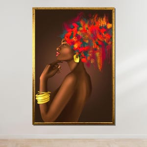Vibrant Afro Woman Canvas, African Art Print, Colorful Hair Portrait, Bold African Queen Wall Art, Elegant Gold Jewelry, Ready to Hang