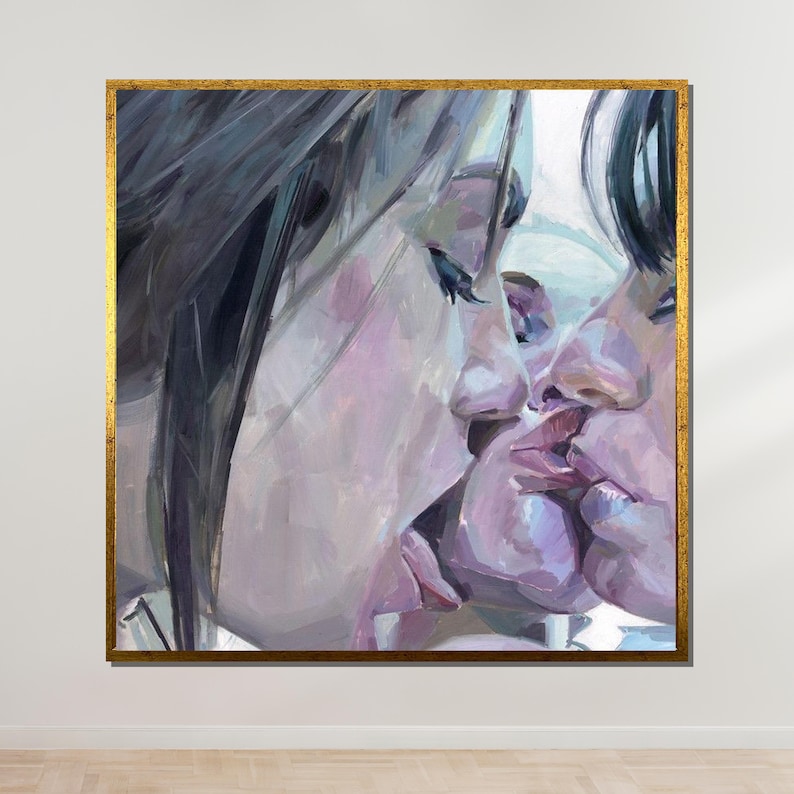 May include: A painting of two people's faces, with their lips touching. The painting is done in a soft, muted palette of blues, purples, and pinks.