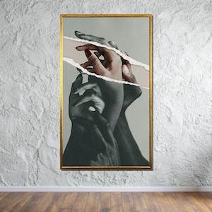 Arte surreale di mani di carta strappata, collage digitale di tocco emozionale, stampa a contrasto in bianco e nero, arte murale concettuale moderna, amore astratto