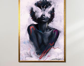 Afro Noir abstrakt duk, surrealistisk kvinnokonst, färgglad expressionistisk målning, modern väggdekor, redo att hängas