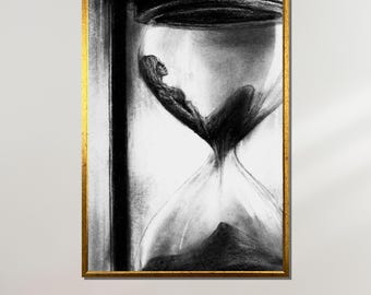 Hourglass Woman Art, Surreal Time Drawing, Black and White Hourglass Canvas, Emotional Wall Art, Thought-Provoking Artwork