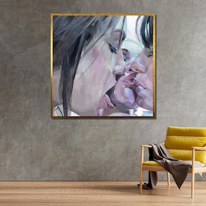 Romantic Lesbian Kiss Painting, Sensual Abstract Love Art, Intimate LGBTQ+ Couple Canvas, Expressive Modern Wall Decor image 2