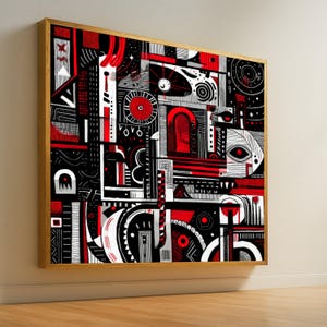Gedurfd abstract geometrisch canvas, moderne rood-zwart-witte muurkunst, hedendaagse huisdecoratie, artistiek patroondoek, grafisch ontwerp