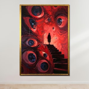 Surreal Nightmare Art, Dark Psychological Wall Print, Abstract Horror Canvas, Mysterious Stairs Painting, Cosmic Eye Fantasy Decor