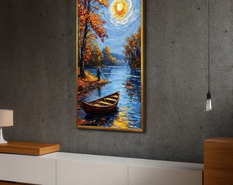 Autumn Lake Scene Canvas, Fisherman and Rowboat Wall Art, Vibrant Fall Trees Painting, Rustic Nature Canvas, Tranquil River Landscape Decor