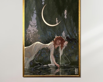 Moonlit Reflection Art, Enchanted Forest Wall Art, Fantasy Lady Print, Ethereal Woman Canvas, Dreamy Night Poster, Whimsical Wall Decor