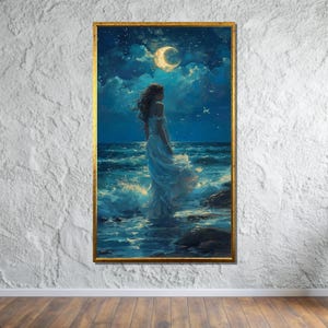 Moonlit Ocean Dream, Woman by the Sea, Romantic Night Landscape Wall Art, Ready to Hang Decor
