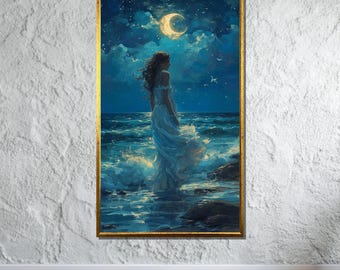 Sogno dell&#39;oceano al chiaro di luna, donna in riva al mare, arte murale romantica con paesaggio notturno, decorazione pronta da appendere