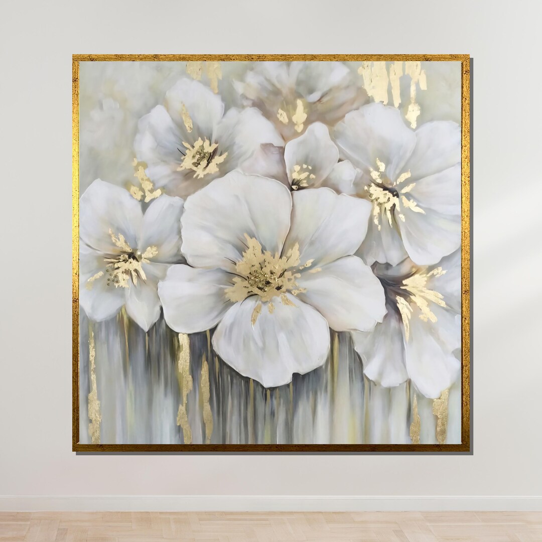 Golden Blossom Canvas Art, White Floral Wall Art, Gold Accents Flower ...