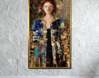 Elegant Woman in Blue and Gold, Abstract Portrait Canvas, Wall Art Canvas Design, Ready to Hang Decoration