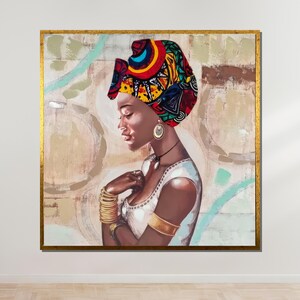 Elegant African Woman Canvas, Colorful Headwrap Wall Art, African Beauty Portrait, Cultural Home Decor, Ready to Hang