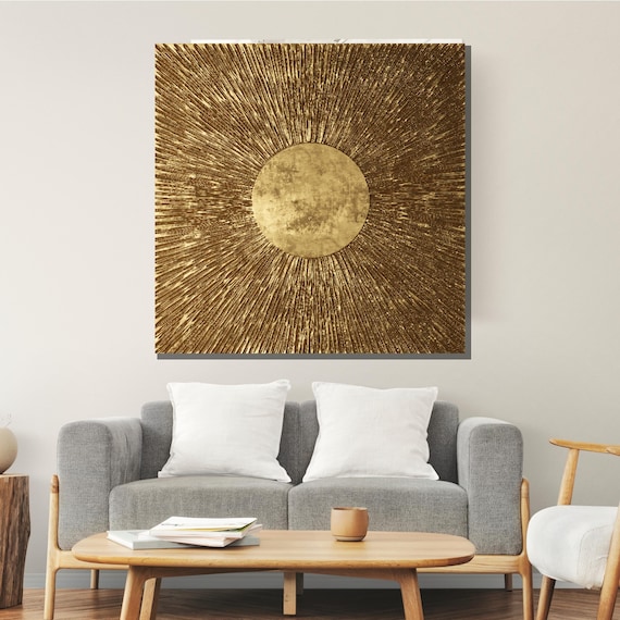 Golden Sunburst Art, Metallic Abstract Sun, Radiant Gold Wall Art