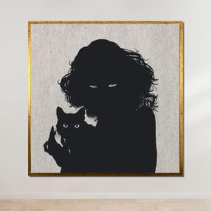 Mysterious Woman with Cat Silhouette Art, Gothic Shadow Illustration, Dark Aesthetic Wall Decor, Black and White Canvas, Ready To Hang