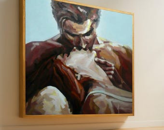 Passionate Embrace Couple Canvas Art, Abstract Romantic Wall Decor, Intimate Lovers Painting, Modern Relationship Artwork, Home Decoration