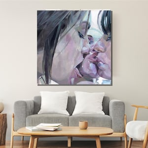 Romantic Lesbian Kiss Painting, Sensual Abstract Love Art, Intimate LGBTQ+ Couple Canvas, Expressive Modern Wall Decor image 6