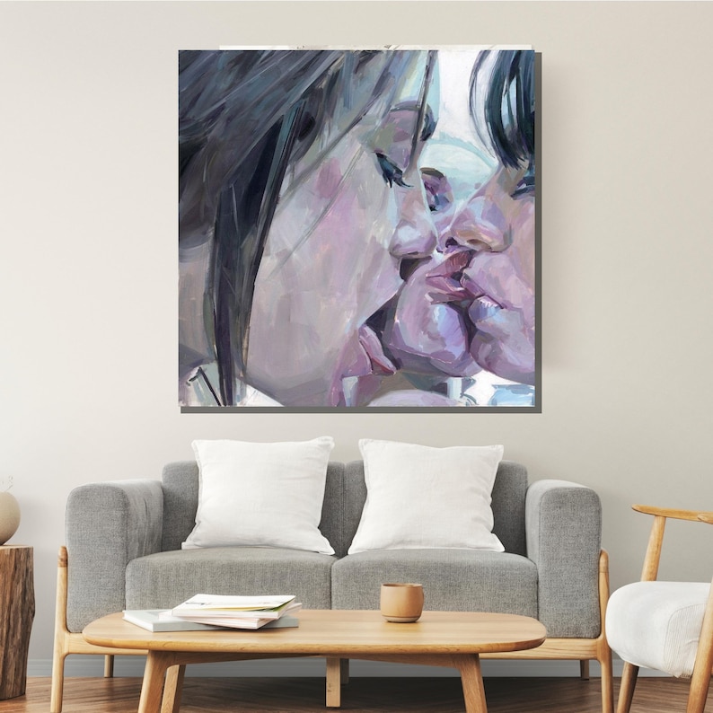 Romantic Lesbian Kiss Painting, Sensual Abstract Love Art, Intimate LGBTQ+ Couple Canvas, Expressive Modern Wall Decor image 6