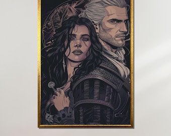 ウィッチャーとイェネファーのアート、ダークファンタジーキャンバス、ゲラルトとイェネファーの壁アート、すぐに掛けられる