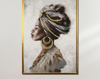Regal African Queen Canvas, Afrocentric Gold Accented Wall Art, Black Woman Profile Painting, Ethnic African Art, Elegant African Decor