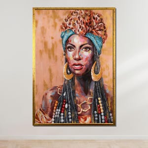 Bold African Woman Portrait, Afrocentric Wall Art, Colorful Headwrap Canvas, African Beauty Art, Ethnic Decor, Ready to Hang