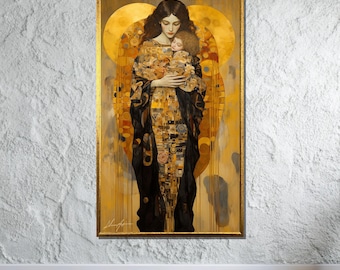 Golden Mother and Child Canvas, Klimt-Inspired Artwork, Embrace of Love Wall Art, Sacred Motherhood Print, Ready to Hang Home Decor