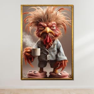 Arte de pollo malhumorado por la mañana, lienzo divertido para amantes del café, impresión de personaje de pájaro soñoliento, decoración de pared de animales peculiares, póster humorístico de la mañana