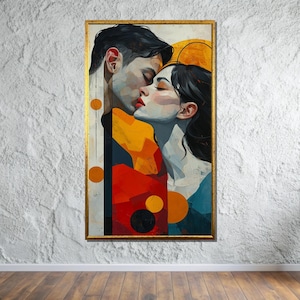 Leidenschaftlicher Kuss Leinwandkunst, Romantisches Paar Porträt, Moderne Abstrakte Liebeskunst, emotionale Wanddekoration, fertig zum Aufhängen