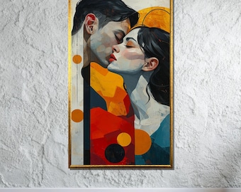 Passionate Kiss Canvas Art, Romantic Couple Portrait, Modern Abstract Love Art, Emotional Wall Decor, Ready to Hang