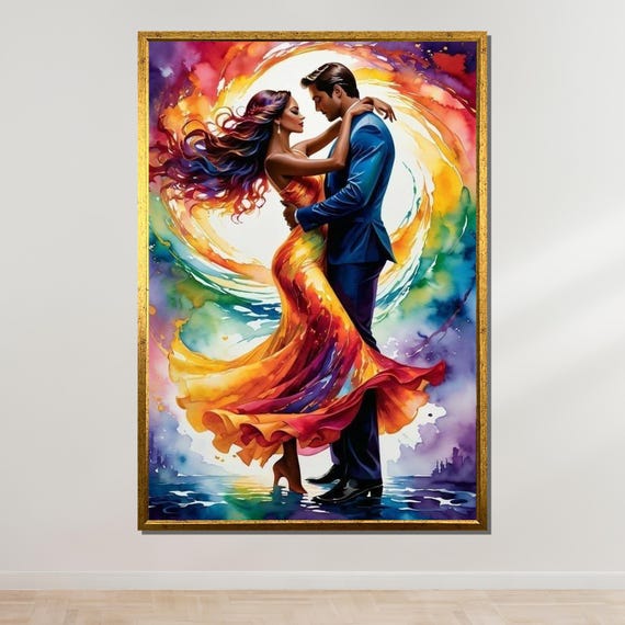 Romantic Dance Painting, Vibrant Couple Wall Art, Passionate Love