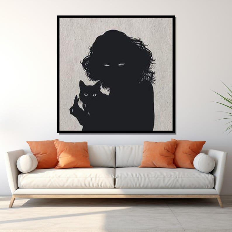 Puede incluir: Una silueta en blanco y negro de una persona sosteniendo un gato. Los ojos de la persona son visibles y el gato mira hacia la izquierda. La imagen est&aacute; sobre un fondo texturizado.