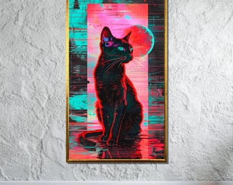Cyberpunk Black Cat Art, Neon Night Cat Canvas, Futuristic Feline Wall Print, Vaporwave Moon Poster, Sci-Fi Cat Decor, Digital Art Style