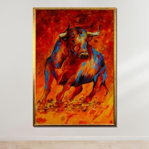 Fiery Bull Canvas, Dynamic Animal Art, Multicolor Bull Painting, Ready to Hang Wall Art