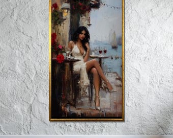 Elegante donna in tela da caffè, arte romantica di una donna, dipinto di paesaggio urbano impressionista, arte murale sofisticata, decorazione pronta da appendere