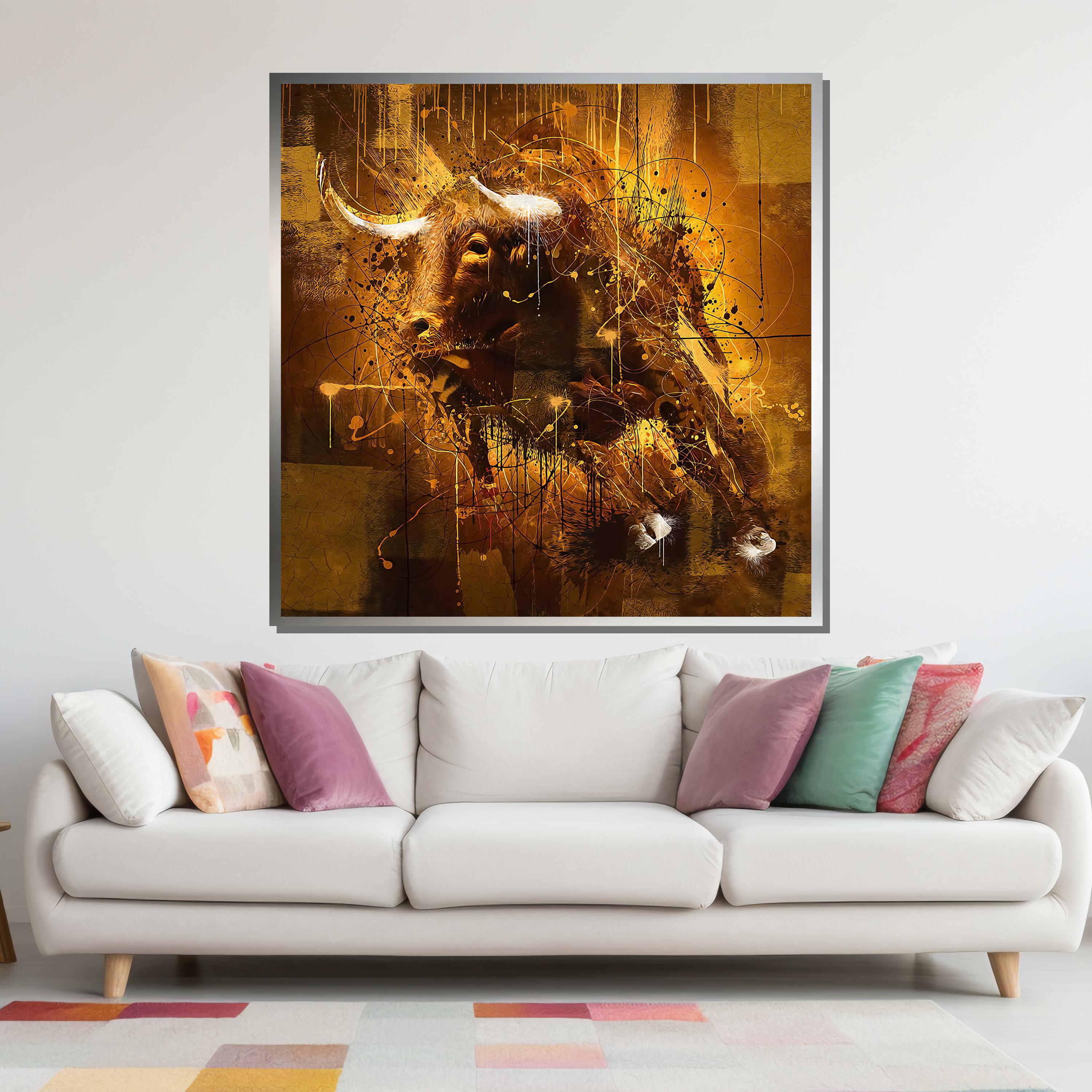 Abstract Bull Canvas, Golden Bull Art, Modern Bull Painting, Animal ...