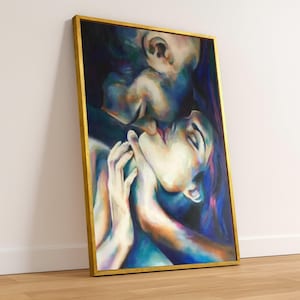 Romantische Umarmung Leinwand Wandkunst, Abstrakte Liebende Malerei, Intimes Paar Porträt, Buntes expressionistisches Kunstwerk, Modernes Wohndekor