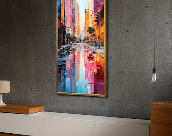 Vibrant Cityscape Reflection Canvas, Urban Street Scene Wall Art, Modern City Buildings Decor, Colorful City Skyline Canvas, Contemporary