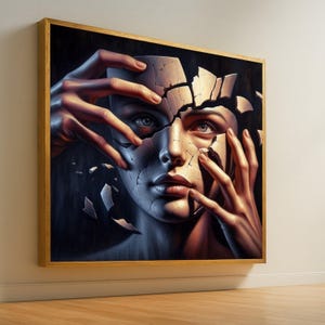 Surreal Cracked Face Canvas, Fragmented Woman Portrait, Expressive Wall Art, Thought-Provoking Home Decoration, Modern Canvas Print