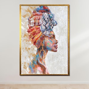 Colorful African Woman Profile, Afrocentric Wall Art, Bold Headwrap Canvas, African Beauty Portrait, Ethnic Art Decor, Ready to Hang