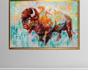 Kleurrijke bizoncanvaskunst, abstracte dierenschilderij, gedurfde muurkunst, klaar om op te hangen