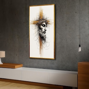 Inspirational Jesus Portrait Canvas, Modern Religious Wall Art, Crown of Thorns Artwork, Spiritual Christian Home Decor, Contemporary Faith