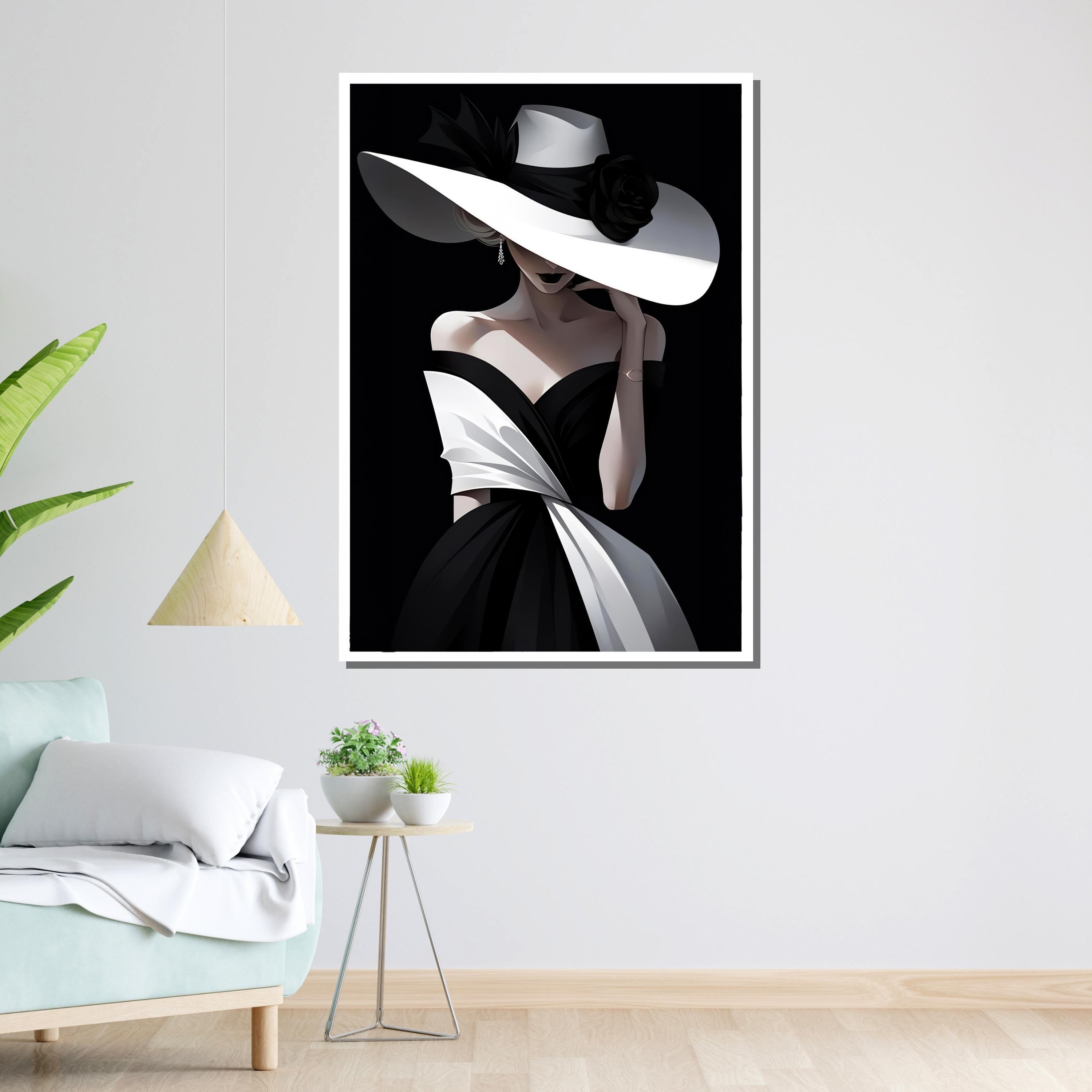 Elegant Woman in Black and White Hat, Fashion Wall Art, Classy Lady ...