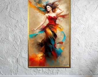 Vibrant Dancing Woman Canvas, Colorful Abstract Wall Art, Dynamic Modern Painting, Ready to Hang