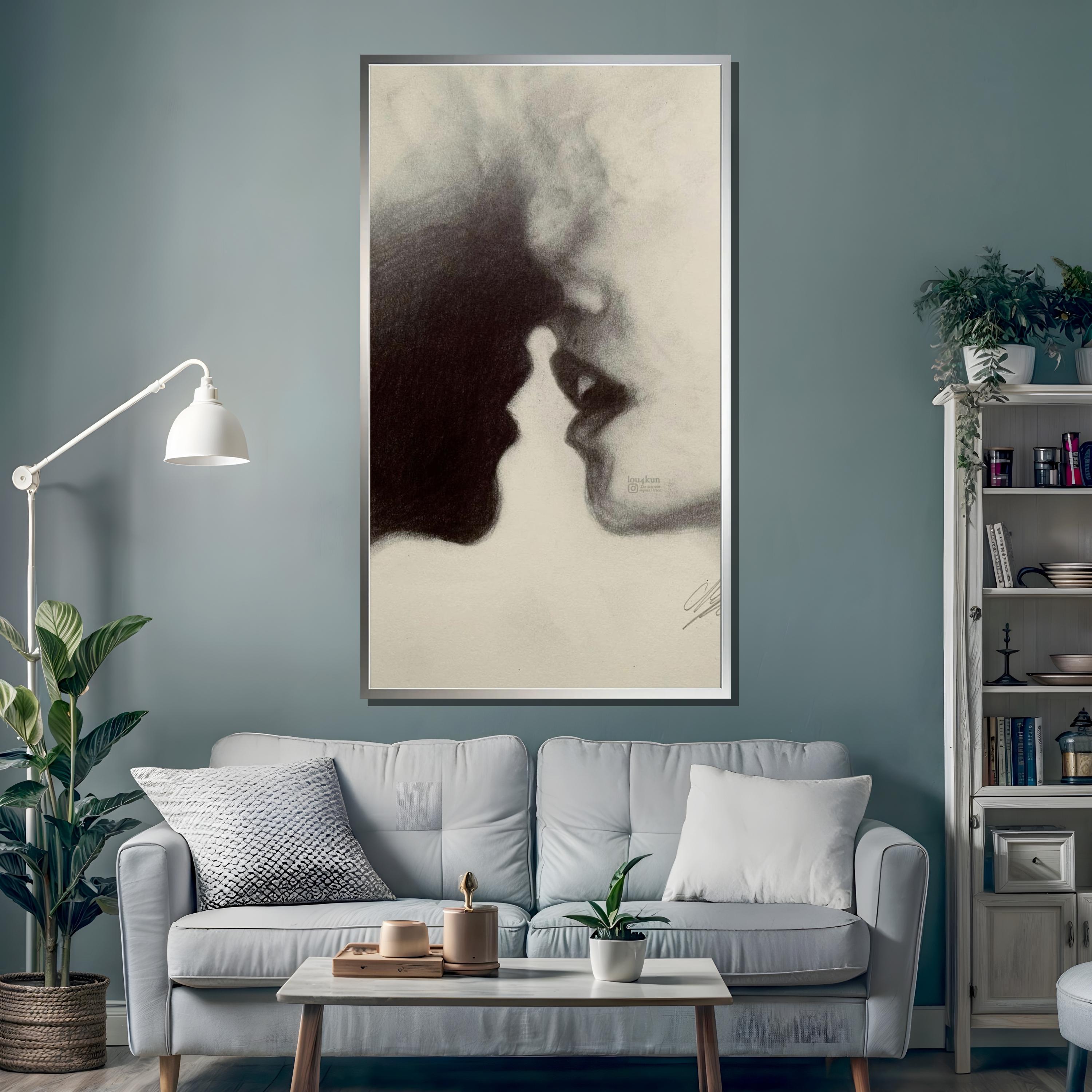 Intimate Shadow Kiss Art, Sensual Black and White Drawing, Romantic ...